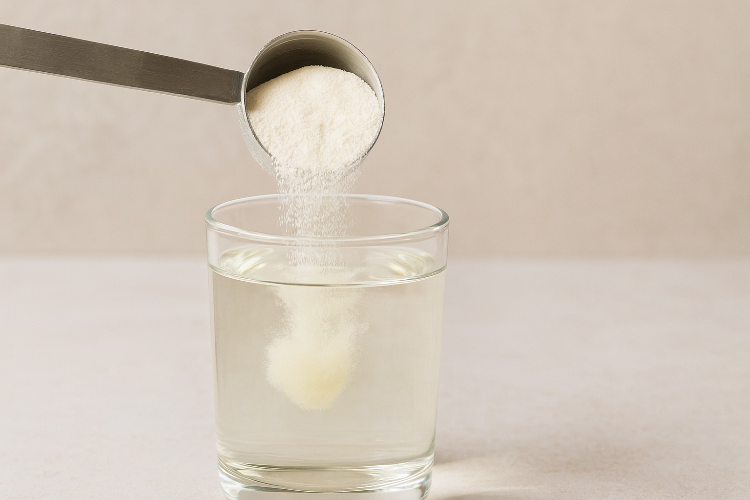 Collagen powder being poured into a glass of water.