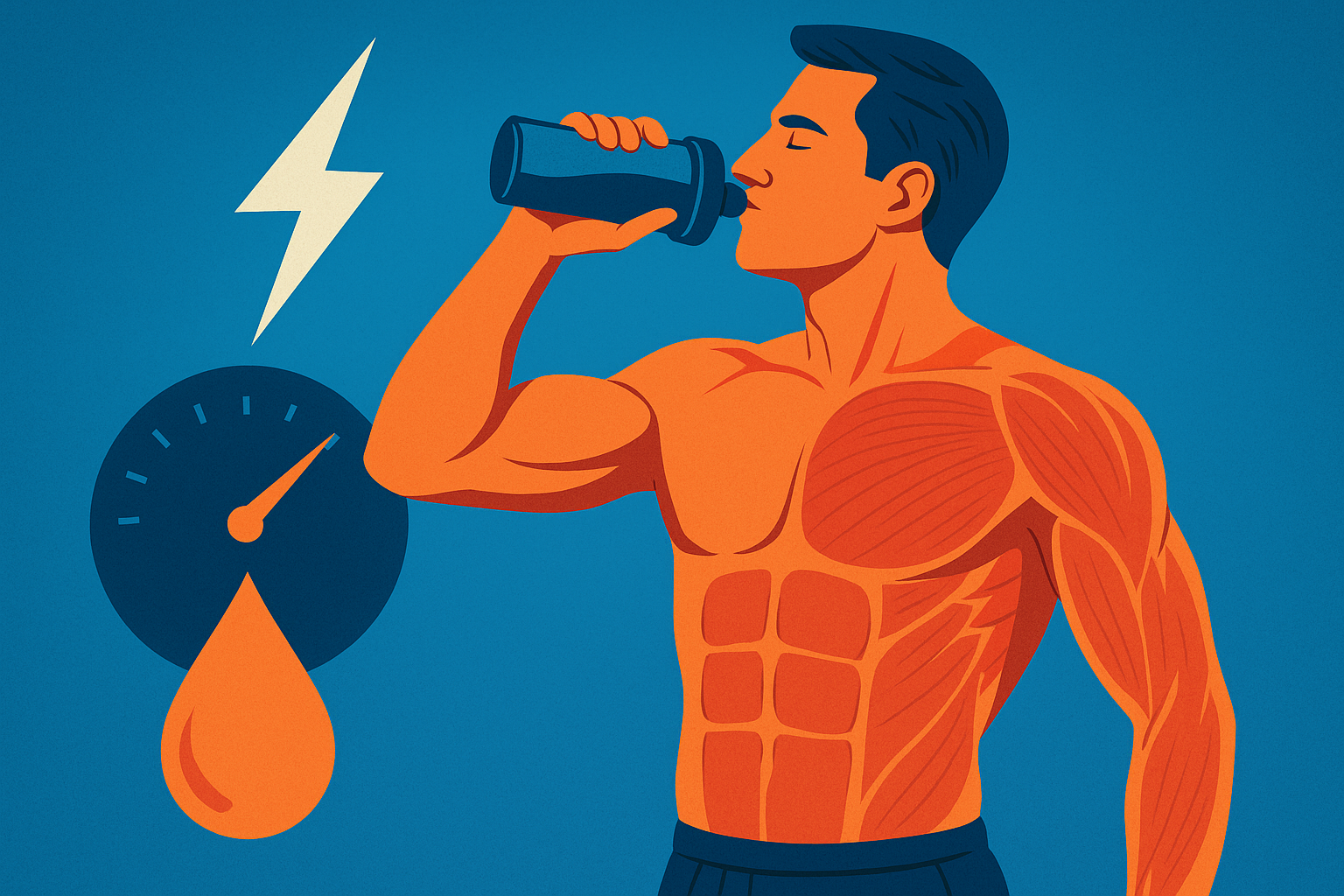 Digital illustration of a muscular male athlete drinking from a bottle, with symbols representing energy, performance, and hydration recovery.