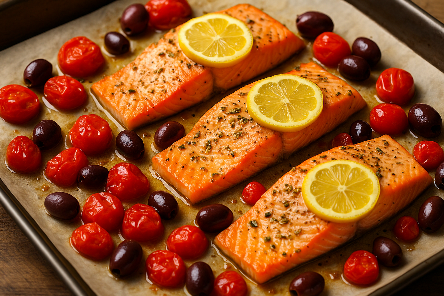 Baked salmon fillets on parchment with lemon slices, roasted cherry tomatoes, and black olives.