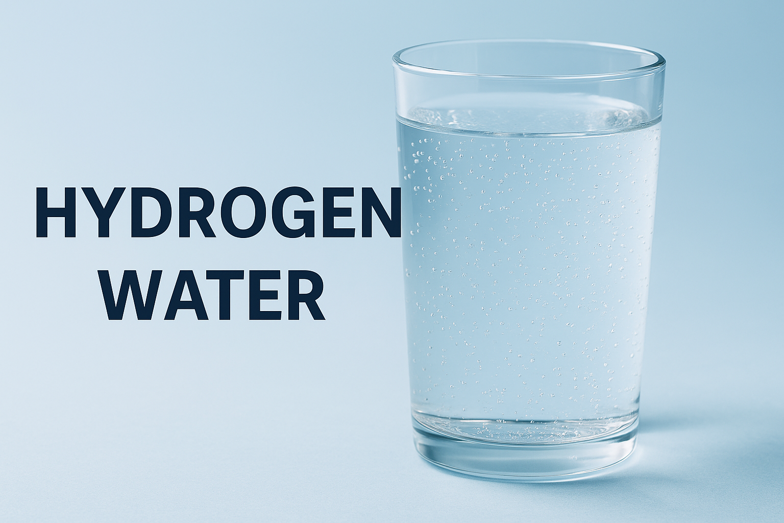 Glass of hydrogen water with visible bubbles, placed on a light blue surface.