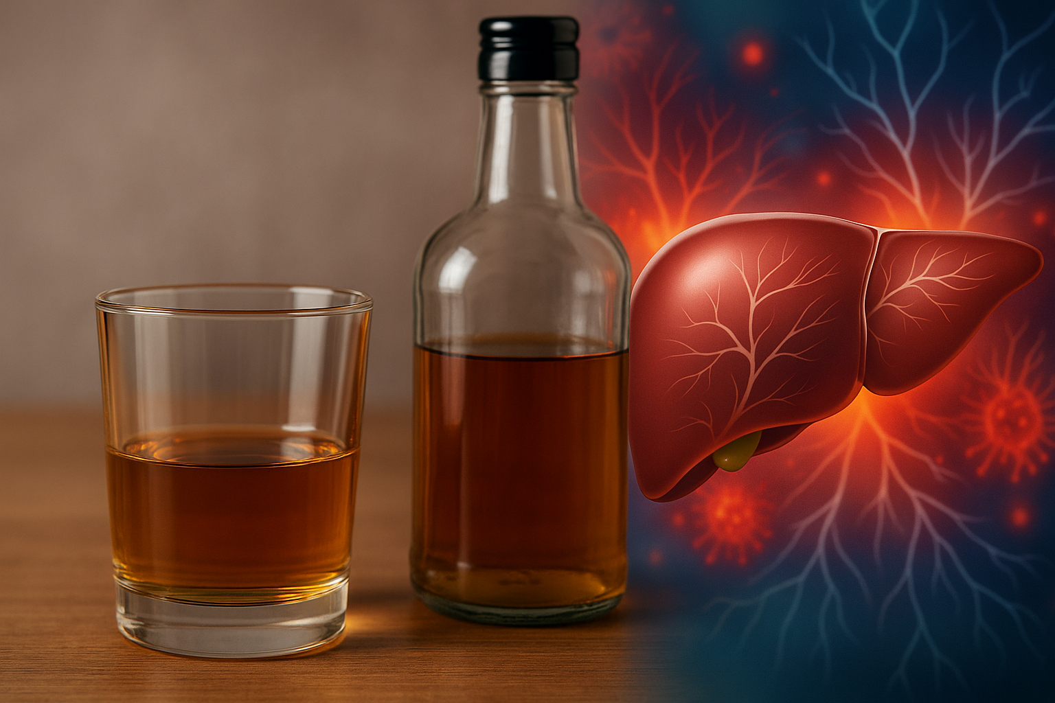Glass of alcohol with liver illustration showing inflammation effects.
