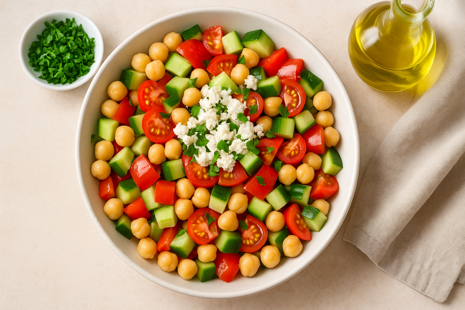 Bowl of Greek chickpea salad with cucumber, cherry tomatoes, red pepper, feta, and parsley on a rustic table.