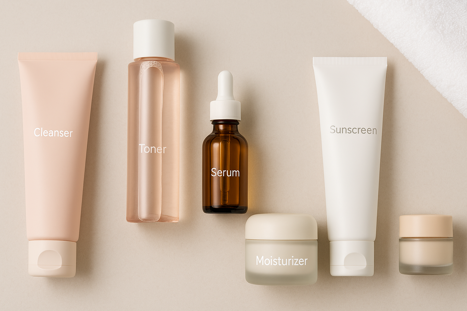 A skin care kit for women with cleansers, serums, and moisturizers displayed on a vanity